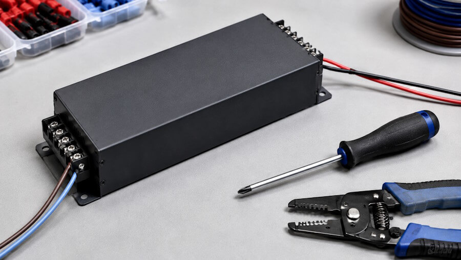LED Trafo mit angeschlossenen Kabeln für eine 12V Niedervolt Beleuchtung