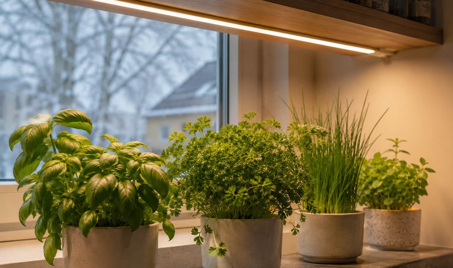 Frische Kräuter und Jungpflanzen in Töpfen unter dem Licht einer LED Wachstumslampe