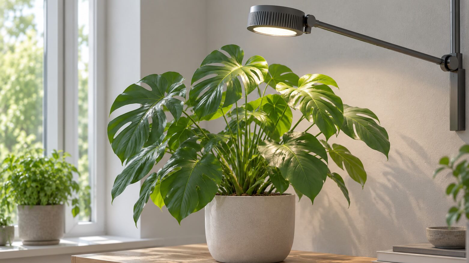 LED Wachstumslampe als Strahler über einer grünen Zimmerpflanze