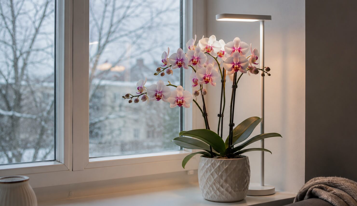 Blühende Orchidee am Fenster unter dem Licht einer kleinen LED Pflanzenlampe