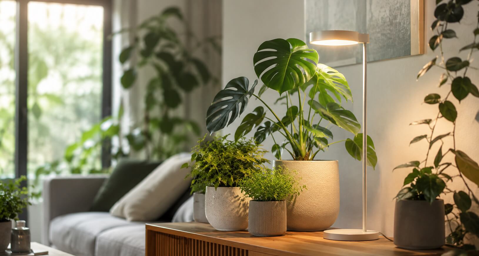 Vollspektrum LED Pflanzenlampe beleuchtet Zimmerpflanzen in einem hellen Wohnraum