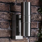 Preview: Brilliant Hanni LED Außenwandleuchte, 2-flammig mit Dämmerungsschalter GU10 3W/3W Warmweiß IP44 Edelstahl Up/Down Light, Dämmerungssensor G96254/82