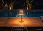 Preview: Globo LED Tischleuchte Dawson RGBW LED 1W dimmbar Akku IP54 warmweiss Holzoptik dunkel Metall Ø8cm