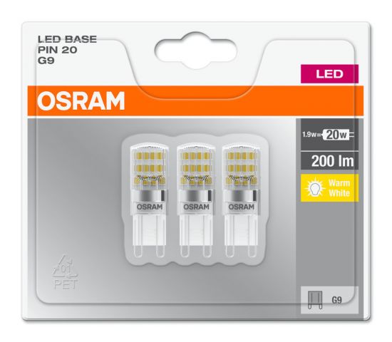 3er Pack Osram LED Lampe BASE PIN G9 1.9W warmweiss G9 CL 4058075093874 wie 20W