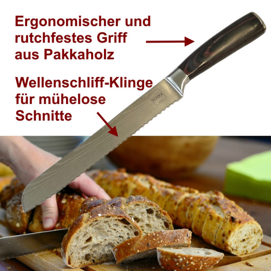 SOIXX Brotmesser, Edelstahl, Wellenschliff, extra scharfe Klinge, Holzgriff, Geschenkbox