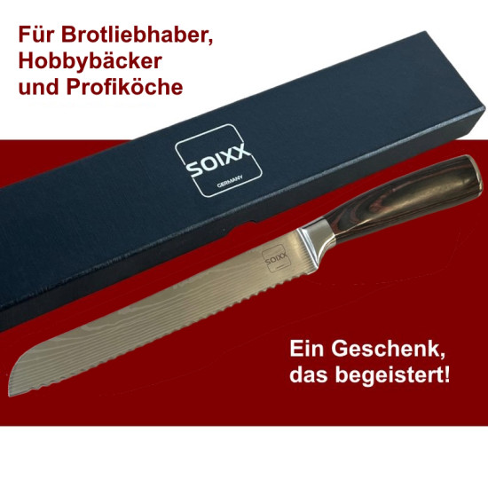 SOIXX Brotmesser, Edelstahl, Wellenschliff, extra scharfe Klinge, Holzgriff, Geschenkbox