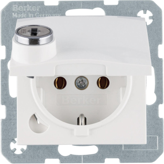 Berker 47638989 Schuko Steckdose m. Steckklemme.Klappd..Schloss. S.1.polarweiß glänzend
