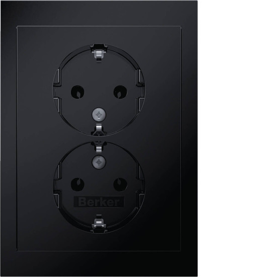 Berker 47742245 Doppelsteckdose Schuko mit Abdeckplatte. Berker R.3. schwarz glänzend