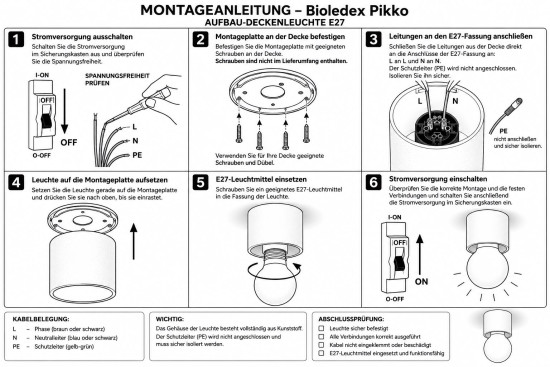 Bioledex PIKKO Deckenleuchte Wandleuchte E27 Aufbau 100mm Schwarz