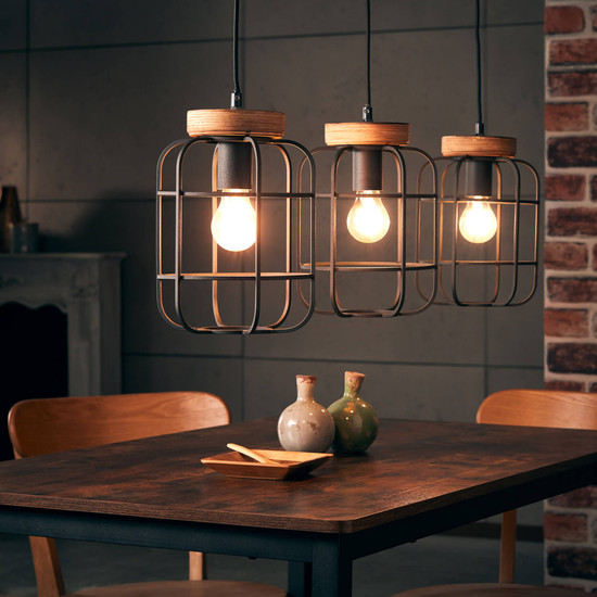 Brilliant Gwen Pendelleuchte, 3-flammig (Balken) E27 Antik Holz Schwarz Korund FSC® 99256/66
