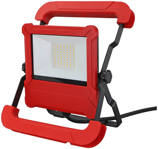 e2 LED Baustellenstrahler, Fluter mit 2 Steckdosen 50W tageslichtweiss 6000K IP65 Rot Aluminium 33x26cm