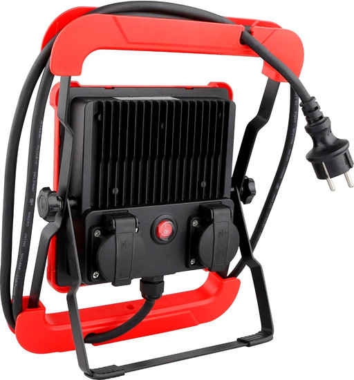 e2 LED Baustellenstrahler, Fluter mit 2 Steckdosen 50W tageslichtweiss 6000K IP65 Rot Aluminium 33x26cm