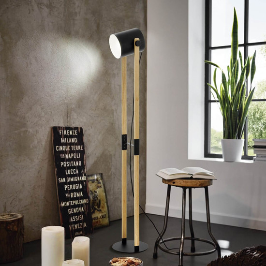 Eglo Stehleuchte Hornwood E27 Schwarz Creme Braun Stahl Holz 140cm 43521