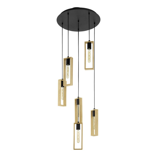 Eglo Pendelleuchte Littleton 6-flammig E27 Schwarz Braun Stahl Holz Ø50cm 44054