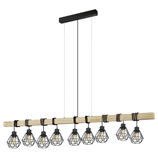 Eglo Pendelleuchte Townshend 5 9-flammig E27 Schwarz Braun Stahl Holz 150x20cm 44077