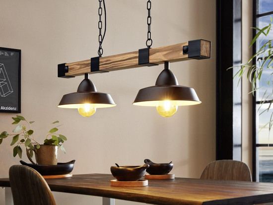 Eglo Pendelleuchte Oldbury 2-flammig E27 Schwarz Braun rustikal Stahl Holz 86x26cm 44085