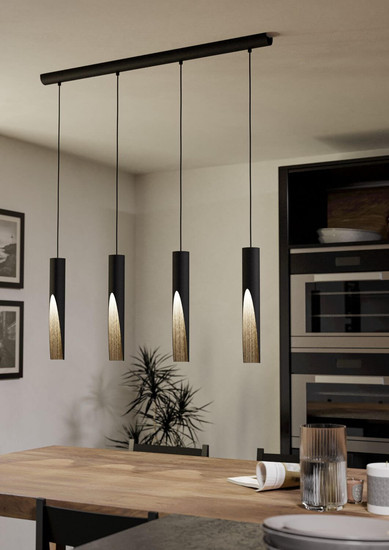 Eglo LED Pendelleuchte Barbotto 4-flammig GU10 4x 4,5W warmweiss 3000K Schwarz Braun Stahl Holz 92,5x6cm 901733