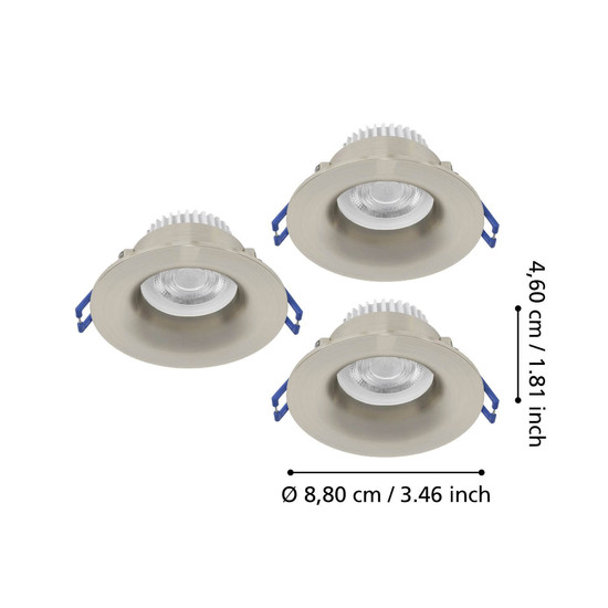 Eglo LED Einbauspot Salabate 3-flammig 3x 5W CCT warm-/neutral-/tageslichtweiss 2700/4000/6500K IP65 Nickel-matt Aluminium Ø9cm 902276