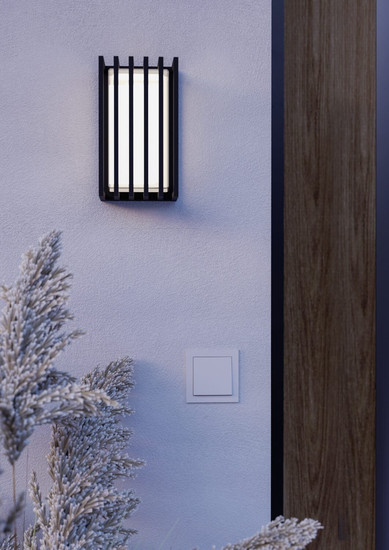 Eglo LED Außen-Wandleuchte Genovese 10W CCT warm-/neutral-/tageslichtweiss 3000/4500/6000K IP65 Schwarz-struktur Klar Aluminium mit Gitter 24x14cm 902418