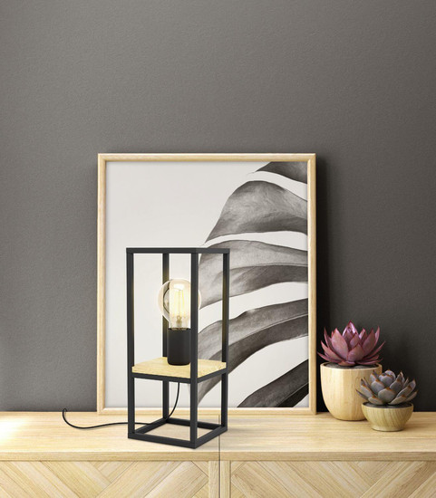 Eglo Tischleuchte Libertad E27 Schwarz Braun Stahl Holz 35x14cm 99797