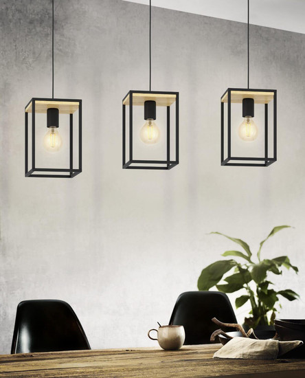 Eglo Pendelleuchte Libertad 3-flammig E27 Schwarz Braun Stahl Holz 88x18cm 99855