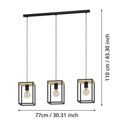 Eglo Pendelleuchte Libertad 3-flammig E27 Schwarz Braun Stahl Holz 88x18cm 99855
