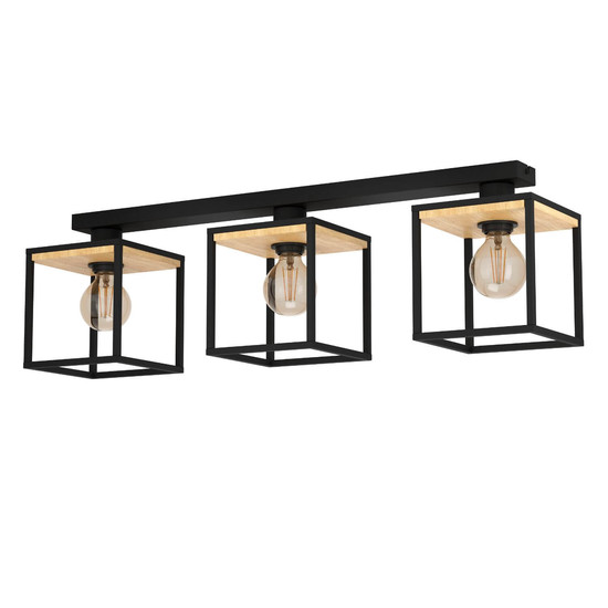 Eglo Deckenleuchte Libertad 3-flammig E27 Schwarz Braun Stahl Holz 86x24cm 99856