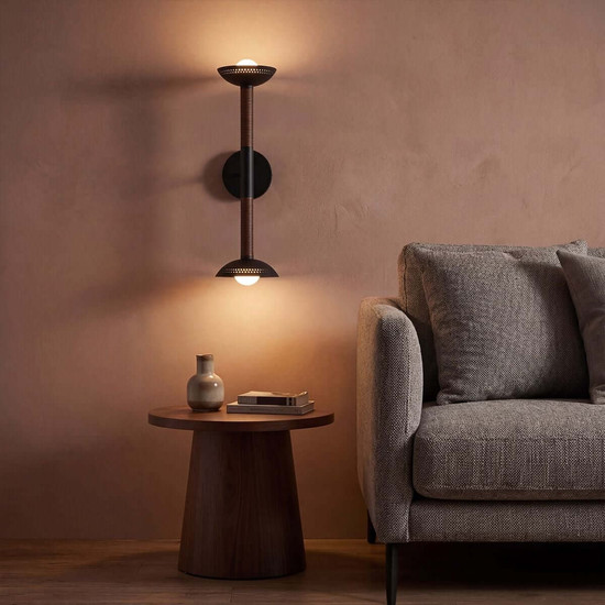 Elstead Arden LED Wandleuchte 2-flammig dimmbar warmweiss 11W Mattschwarz-Walnuss Alu Stahl Opalglas 57cm