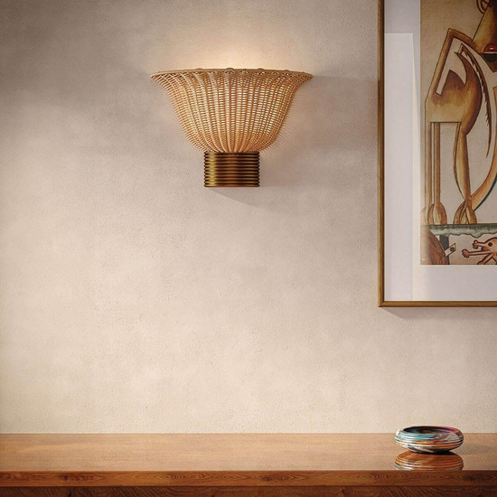 Elstead Kai Wandleuchte 2-flammig E14 Gold gebürstet Alu Rattan 25cm