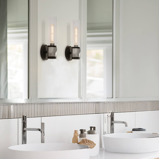 Elstead Ellison Wandleuchte E27 Schwarz mit Nickel gebürstet Glas klar IP44