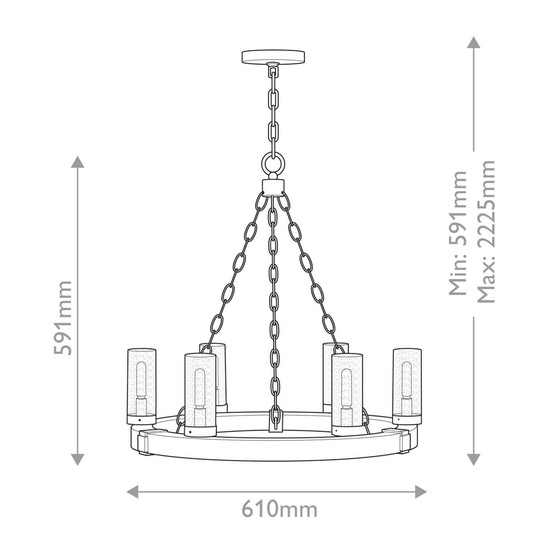 Elstead Sawyer Außen-Kronleuchter E14 6-fach Sequoia-Holzoptik mit rostfarbenen Eisenakzenten und klarem Glas mit Sprenkeln Glas mit Luftbläschen IP44