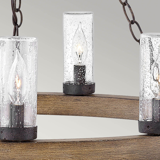 Elstead Sawyer Außen-Kronleuchter E14 9-fach Sequoia-Holzoptik mit rostfarbenen Eisenakzenten und klarem Glas mit Sprenkeln Glas mit Luftbläschen IP44