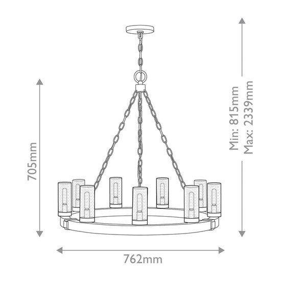 Elstead Sawyer Außen-Kronleuchter E14 9-fach Sequoia-Holzoptik mit rostfarbenen Eisenakzenten und klarem Glas mit Sprenkeln Glas mit Luftbläschen IP44