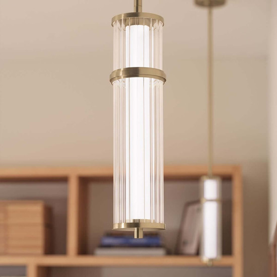 Elstead Riven LED Pendelleuchte dimmbar warmweiss 15W Champagnerbronze Stahl Riffelglas Ø13cm