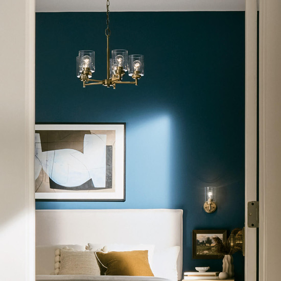 Elstead Winslow Kronleuchter E27 5-fach Naturmessing Glas mit Luftbläschen