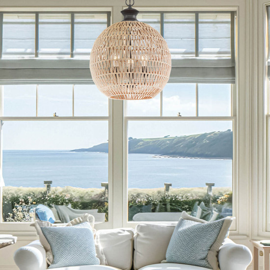 Elstead Casablanca Pendelleuchte E27 3-fach Palladianische Bronze Papierseil naturfarben