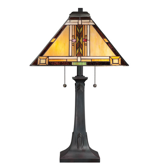 Elstead Navajo Tischlampe E27 2-fach Bronze und Kunstglas-Schirm Tiffanyglas