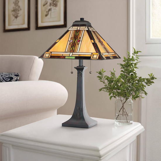 Elstead Navajo Tischlampe E27 2-fach Bronze und Kunstglas-Schirm Tiffanyglas