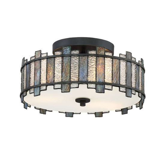 Elstead Sentry Deckenleuchte 2-flammig E27 Schwarz Stahl Tiffanyglas Ø36cm