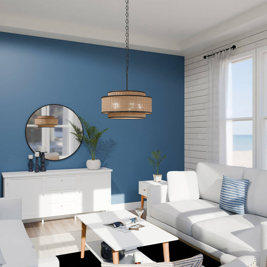 Elstead Teton Pendelleuchte E27 5-fach Mattes Schwarz Stahl, naturfarben