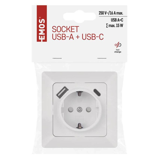 Emos Steckdose mit USB-A+USB-C 3A Schnellladen Weiß A6000.5