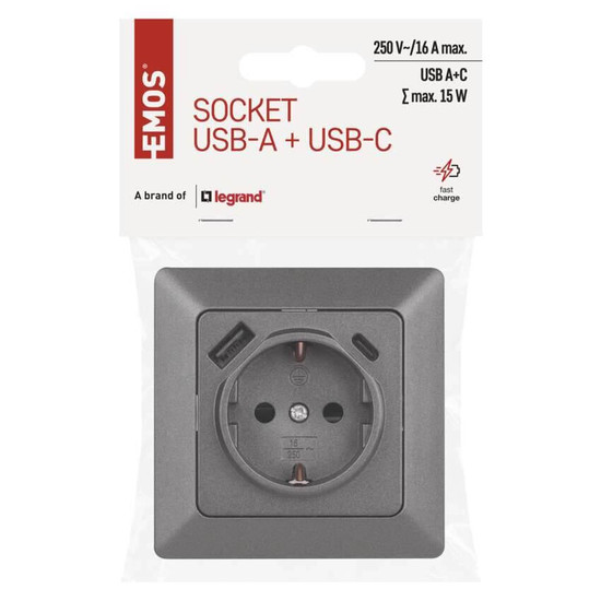 Emos Steckdose mit USB-A+USB-C 3A Schnellladen Anthrazit A6000.7