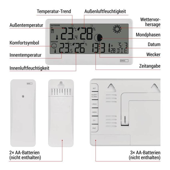 Emos Wetterstation ohne Netzteil Funkuhr Wandhalterung bis 80m E0531