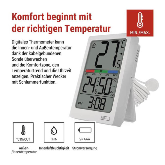 Emos Digitales Thermometer mit Hygrometer kabelgebundener Sensor Quarzuhr E0558P