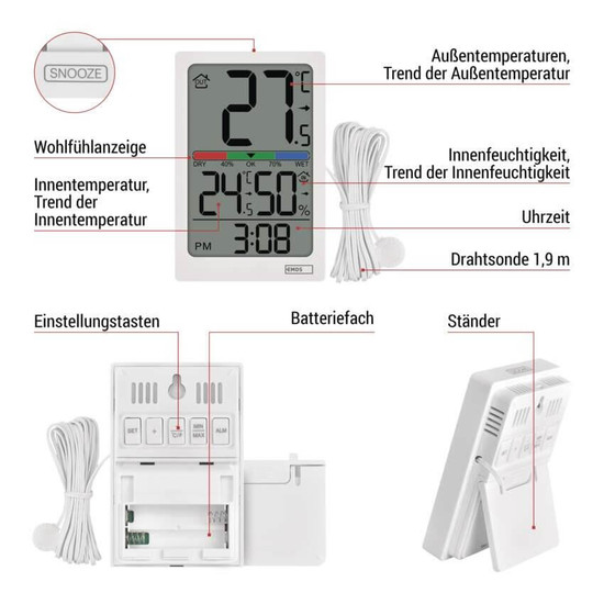 Emos Digitales Thermometer mit Hygrometer kabelgebundener Sensor Quarzuhr E0558P