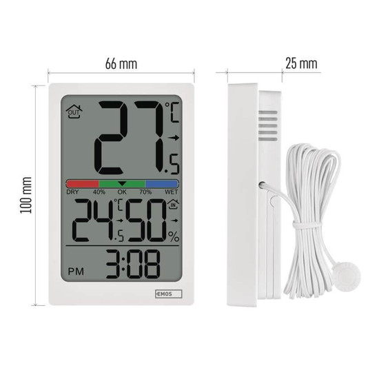 Emos Digitales Thermometer mit Hygrometer kabelgebundener Sensor Quarzuhr E0558P