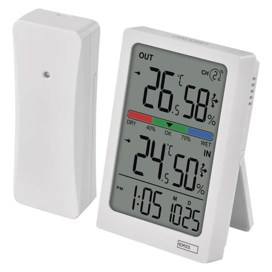 Emos Digitales Thermometer mit Hygrometer Funk-Sensor Wecker Datum 100m Reichweite E0558W