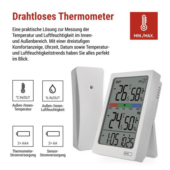 Emos Digitales Thermometer mit Hygrometer Funk-Sensor Wecker Datum 100m Reichweite E0558W