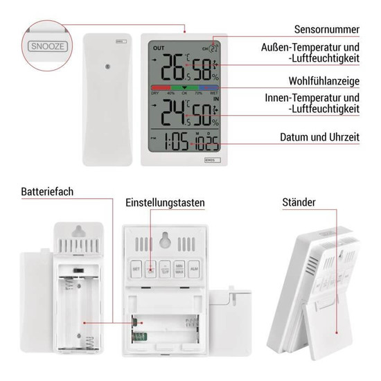 Emos Digitales Thermometer mit Hygrometer Funk-Sensor Wecker Datum 100m Reichweite E0558W