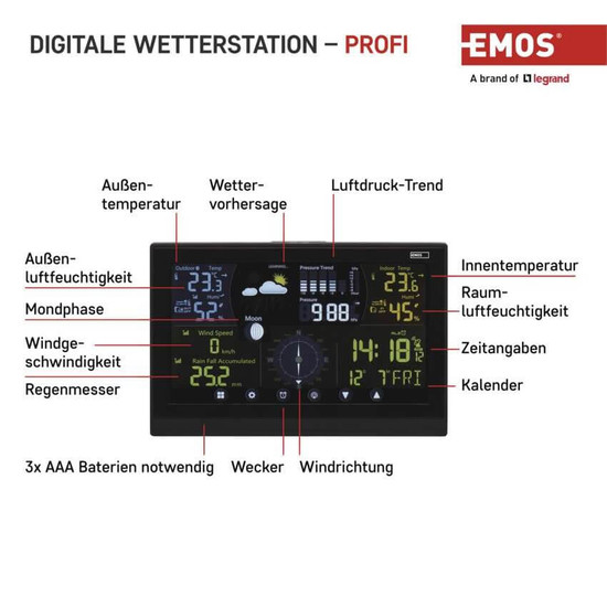 Emos Wetterstation mit Barometer und Windmesser bis 100m E6016